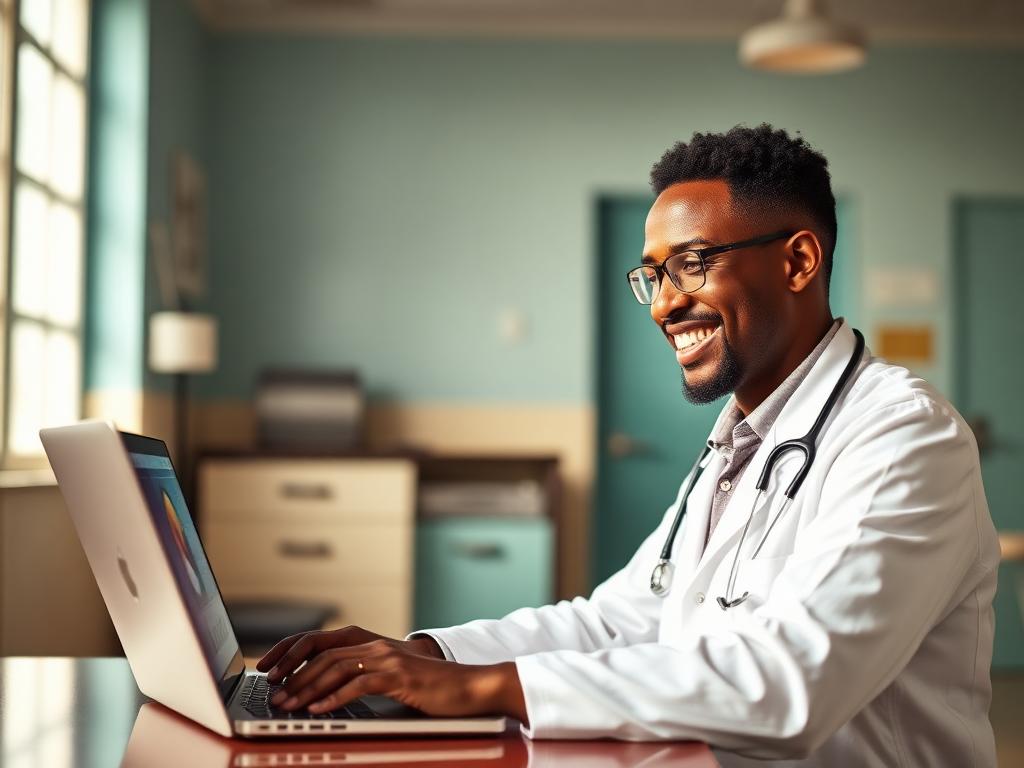 A doctor holding a telehealth consultation on a laptop